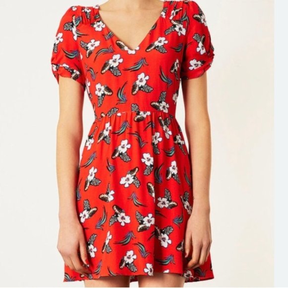Topshop Red Tropical Floral Tea Dress V-Neck Shoret Sleeve Size 2 Back Zipper - Picture 1 of 6